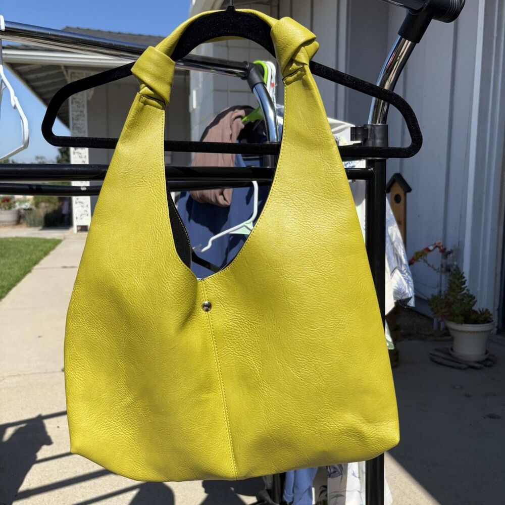 Lime Green Faux Leather Hobo Shoulder Bag Slouchy Minimalist Tote Purse